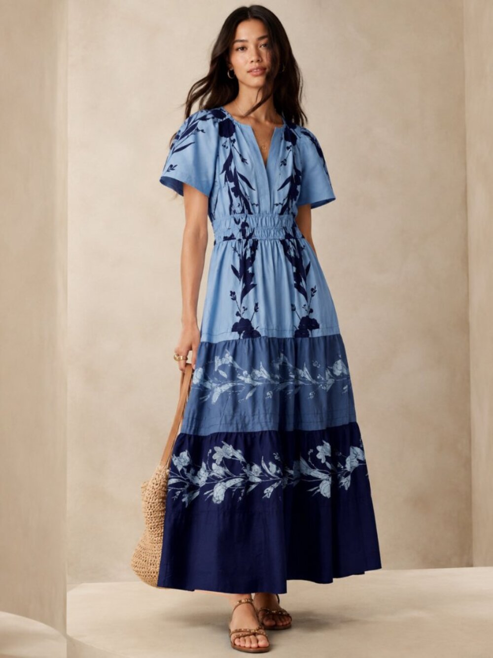 Anthropologie Somerset Blue Floral Short Sleeve V-Neck Maxi Dress